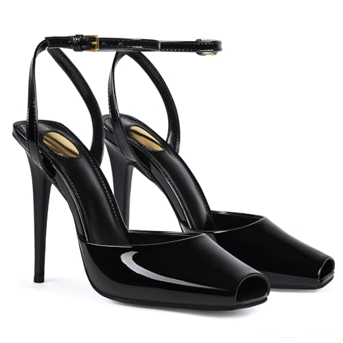 CAGLGLZ Square Open Toe Heeled Sandals for Women Patent Leather Stiletto High Heels Peep Toe Ankle Strap Backless Pumps Fashion Casual Dressy Party Shoes(Black,6) - Image 1