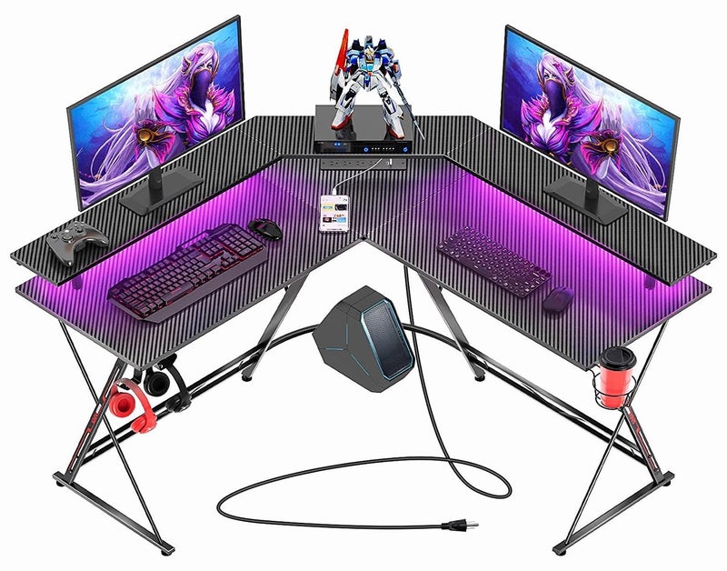 Chulovs Gaming Desk 126Cm With Led Strip & Power Outlets, L-Shaped Corner Desk Carbon Fiber Surface With Monitor Stand, Table With Cup Holder, Headphone Hook 126X126X91 Cm - Image 1