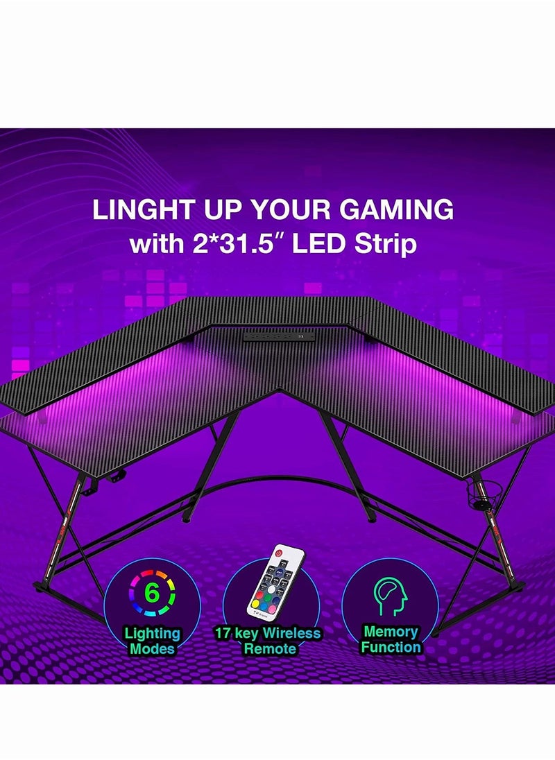 Chulovs Chulovs Gaming Desk 126Cm With Led Strip & Power Outlets, L-Shaped Corner Desk Carbon Fiber Surface With Monitor Stand, Table With Cup Holder, Headphone Hook 126X126X91 Cm  - Image 4