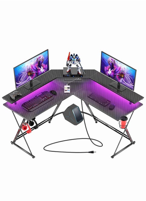 Chulovs Gaming Desk 126Cm With Led Strip & Power Outlets, L-Shaped Corner Desk Carbon Fiber Surface With Monitor Stand, Table With Cup Holder, Headphone Hook 126X126X91 Cm