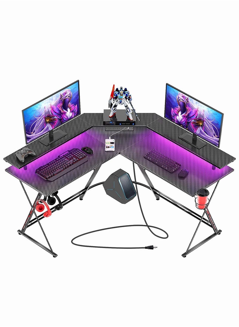 Chulovs Chulovs Gaming Desk 126Cm With Led Strip & Power Outlets, L-Shaped Corner Desk Carbon Fiber Surface With Monitor Stand, Table With Cup Holder, Headphone Hook 126X126X91 Cm  - Image 1