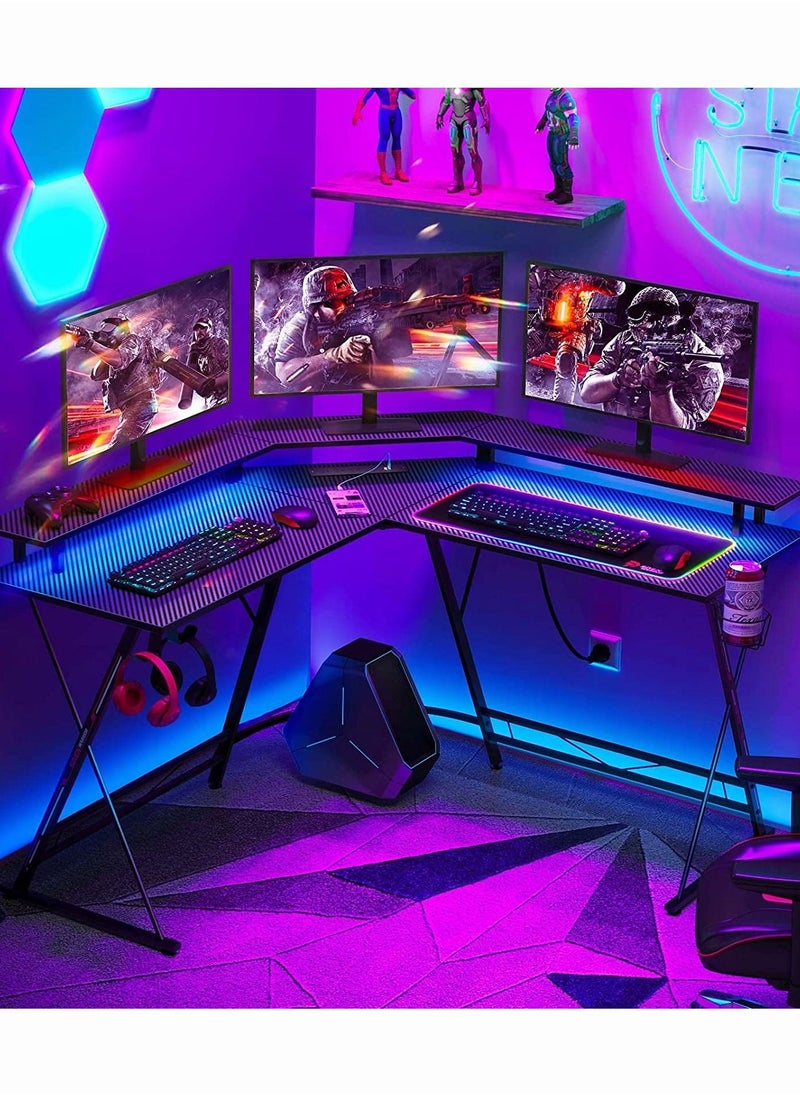 Chulovs Chulovs Gaming Desk 126Cm With Led Strip & Power Outlets, L-Shaped Corner Desk Carbon Fiber Surface With Monitor Stand, Table With Cup Holder, Headphone Hook 126X126X91 Cm  - Image 3