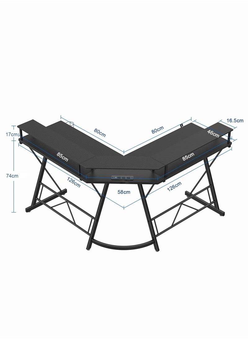 Chulovs Chulovs Gaming Desk 126Cm With Led Strip & Power Outlets, L-Shaped Corner Desk Carbon Fiber Surface With Monitor Stand, Table With Cup Holder, Headphone Hook 126X126X91 Cm  - Image 2
