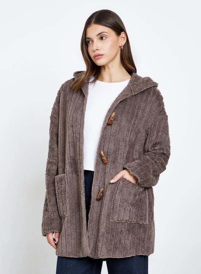 Take Two Take Two Brown Furry Button-Up Teddy Coat