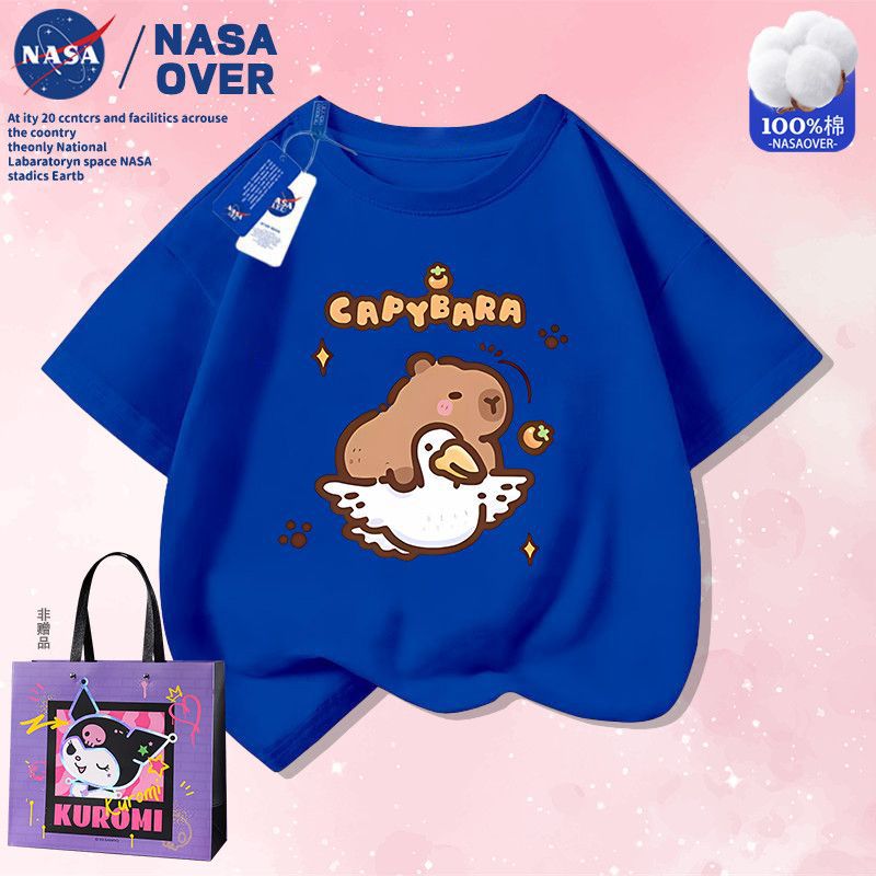 Nasa Co-Brand Capibala Capybara Cartoon Q Edition Pure Cotton Short-Sleeved T-Shirt New Summer Top For Middle And Large Children - Image 1