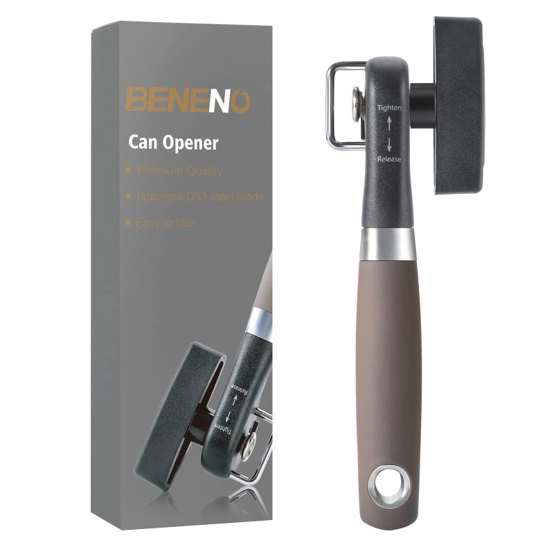 Beneno Can Opener Manual Side Safe Cut Can Opener Smooth Edge with Durable Sharp Blade EffortSaving Knob  Comfortable Nonslip Handle Brown