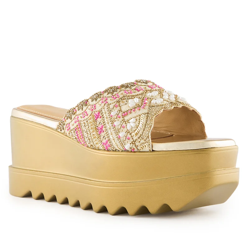 Anaar Anaar Vintage Wink Sandals – Handcrafted Raw Silk Open Sandals with Pearl & Sequin Embroidery