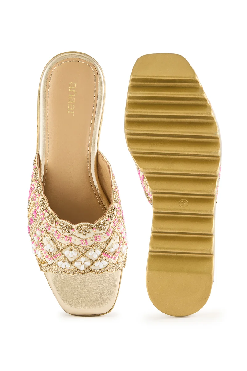 Anaar Anaar Vintage Wink Sandals – Handcrafted Raw Silk Open Sandals with Pearl & Sequin Embroidery