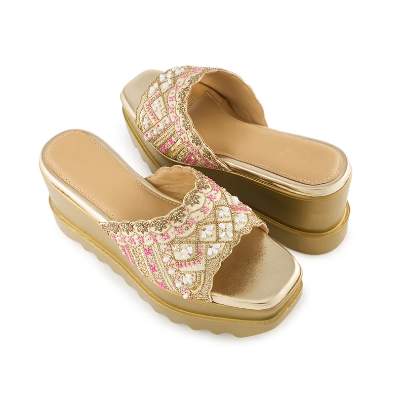 Anaar Anaar Vintage Wink Sandals – Handcrafted Raw Silk Open Sandals with Pearl & Sequin Embroidery