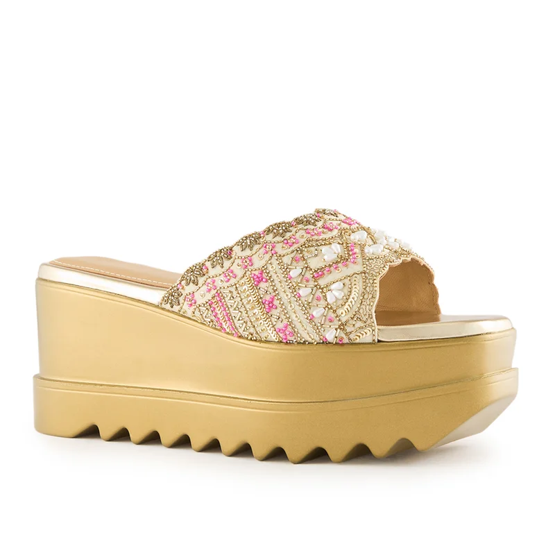 Anaar Anaar Vintage Wink Sandals – Handcrafted Raw Silk Open Sandals with Pearl & Sequin Embroidery
