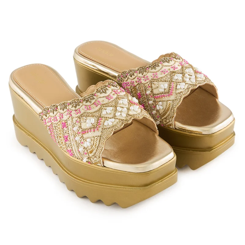 Anaar Anaar Vintage Wink Sandals – Handcrafted Raw Silk Open Sandals with Pearl & Sequin Embroidery