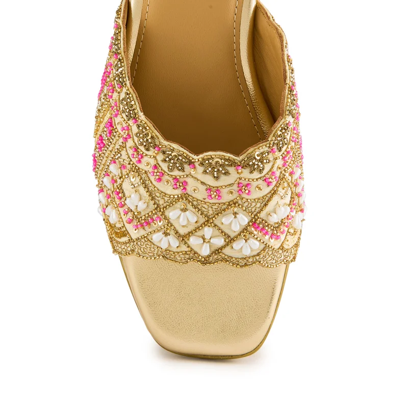 Anaar Anaar Vintage Wink Sandals – Handcrafted Raw Silk Open Sandals with Pearl & Sequin Embroidery
