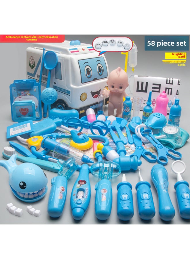 مجموعة ألعاب الطبيب للأطفال، صندوق الأدوات الطبية، سماعة الطبيب، حقن الطفل، سيارة إسعاف طبية - اللون: أزرق، سيارة طبية 58 قطعة / 29 × 19 × 24.5 سم - 1.1 كجم - Image 1