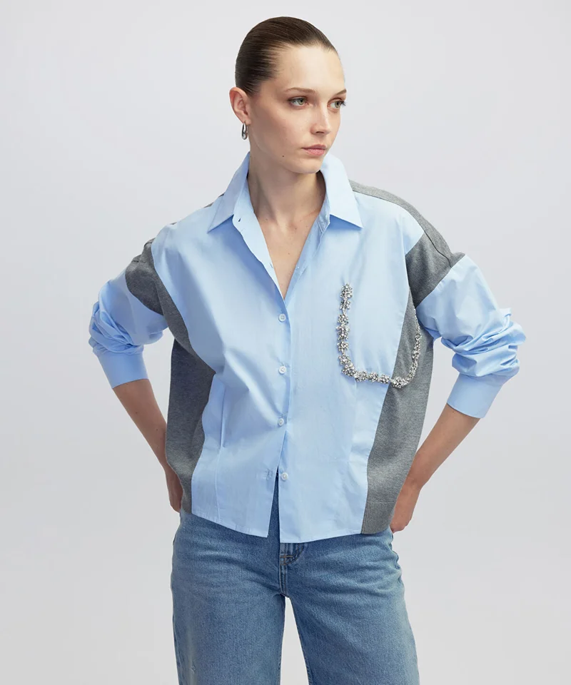 ابيكول Embellished Mixed Media Shirt