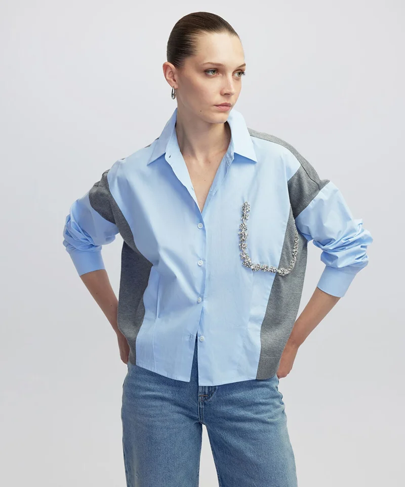 ابيكول Embellished Mixed Media Shirt