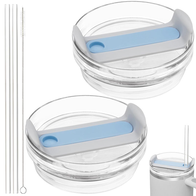 40oz Tumbler Lid Compatible for Stanley 2 Pack Replacement Tumbler Lids Fit for Stanley Quencher 20 Tumbler 40 OZ with Straws and Cleaning Brush Fog Blue