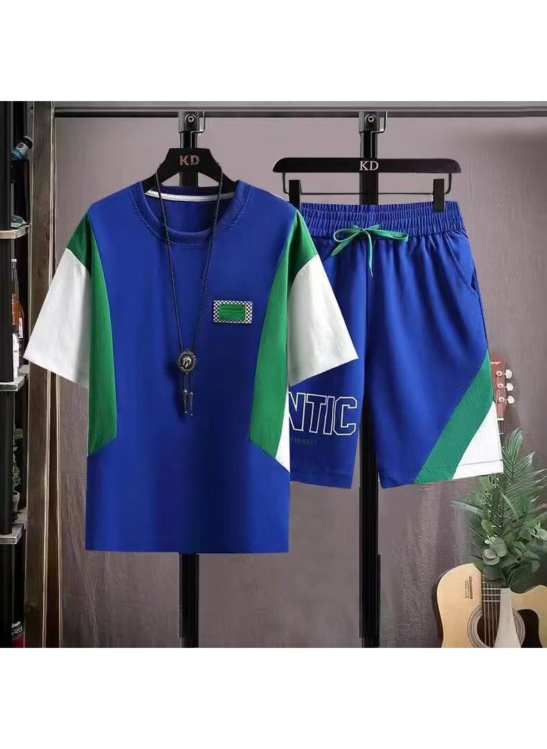 Generic Summer Thin Ice Silk Sports Suit Mens Casual Short Sleeve Shorts 2-Piece Set Quick Dry Running Sports Wear Outdoor Trade Tz508 blue  - Image 1