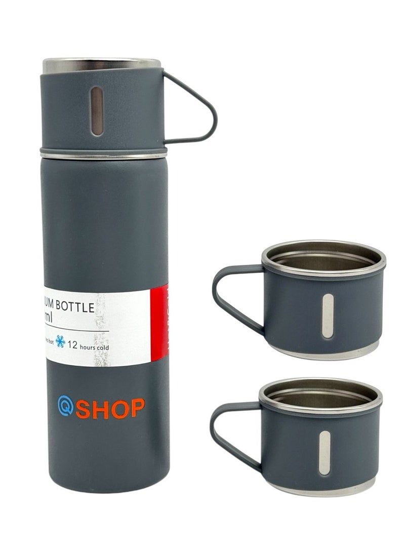 QSHOP Stainless Steel Vacuum Flask Set with 3 Cups (500ml) Keeps Drinks Hot or Cold for Hours, Perfect for Travel, Outdoor Adventures, Office Use  - Image 1