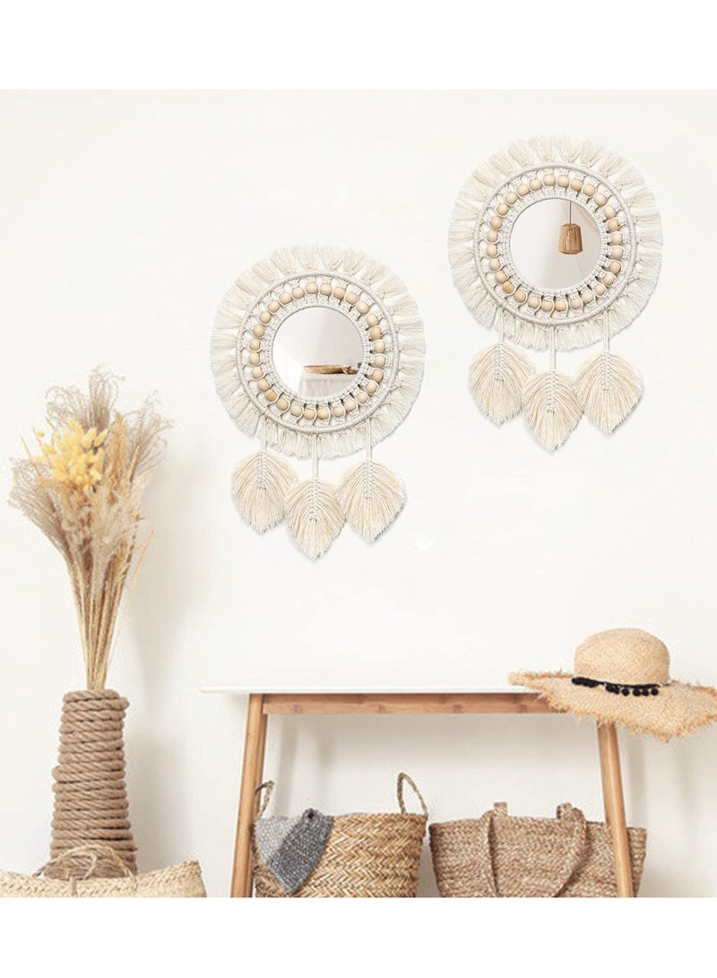 Boho Macrame Fringe Round Decorative Mirror with Wood Beads Feather Pendant - Ivory Hanging Wall Mirror for Home Décor and Gifts - Image 3