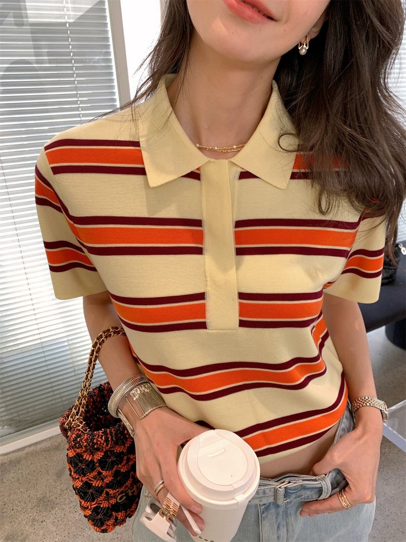 Lyocell Tencel Vintage Campus Style Polo Collar Short-Sleeved Striped Sweater Women'S Loose Short Lassel T-Shirt - Image 1
