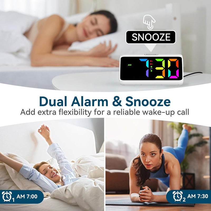 Netzu Loud Alarm Clock for Heavy Sleepers, RGB Alarm Clocks for Bedrooms Seniors Kids, Plug in Digital Clock with 5 Dimmers, 2 Alarms, 4 Volumes and Snooze (White) - Image 4