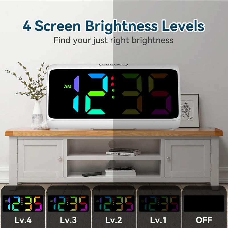 Netzu Loud Alarm Clock for Heavy Sleepers, RGB Alarm Clocks for Bedrooms Seniors Kids, Plug in Digital Clock with 5 Dimmers, 2 Alarms, 4 Volumes and Snooze (White) - Image 5