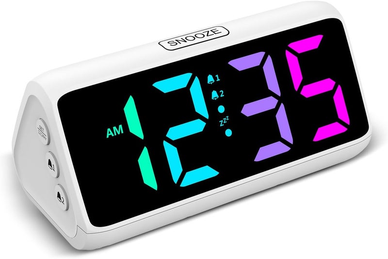 Netzu Loud Alarm Clock for Heavy Sleepers, RGB Alarm Clocks for Bedrooms Seniors Kids, Plug in Digital Clock with 5 Dimmers, 2 Alarms, 4 Volumes and Snooze (White) - Image 1