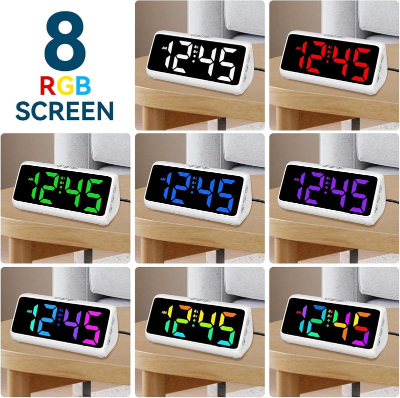 Netzu Loud Alarm Clock for Heavy Sleepers, RGB Alarm Clocks for Bedrooms Seniors Kids, Plug in Digital Clock with 5 Dimmers, 2 Alarms, 4 Volumes and Snooze (White) - Image 2