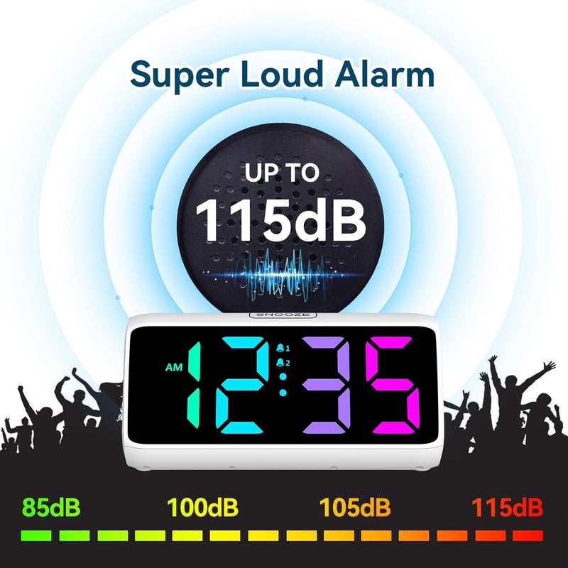 Netzu Loud Alarm Clock for Heavy Sleepers, RGB Alarm Clocks for Bedrooms Seniors Kids, Plug in Digital Clock with 5 Dimmers, 2 Alarms, 4 Volumes and Snooze (White) - Image 3