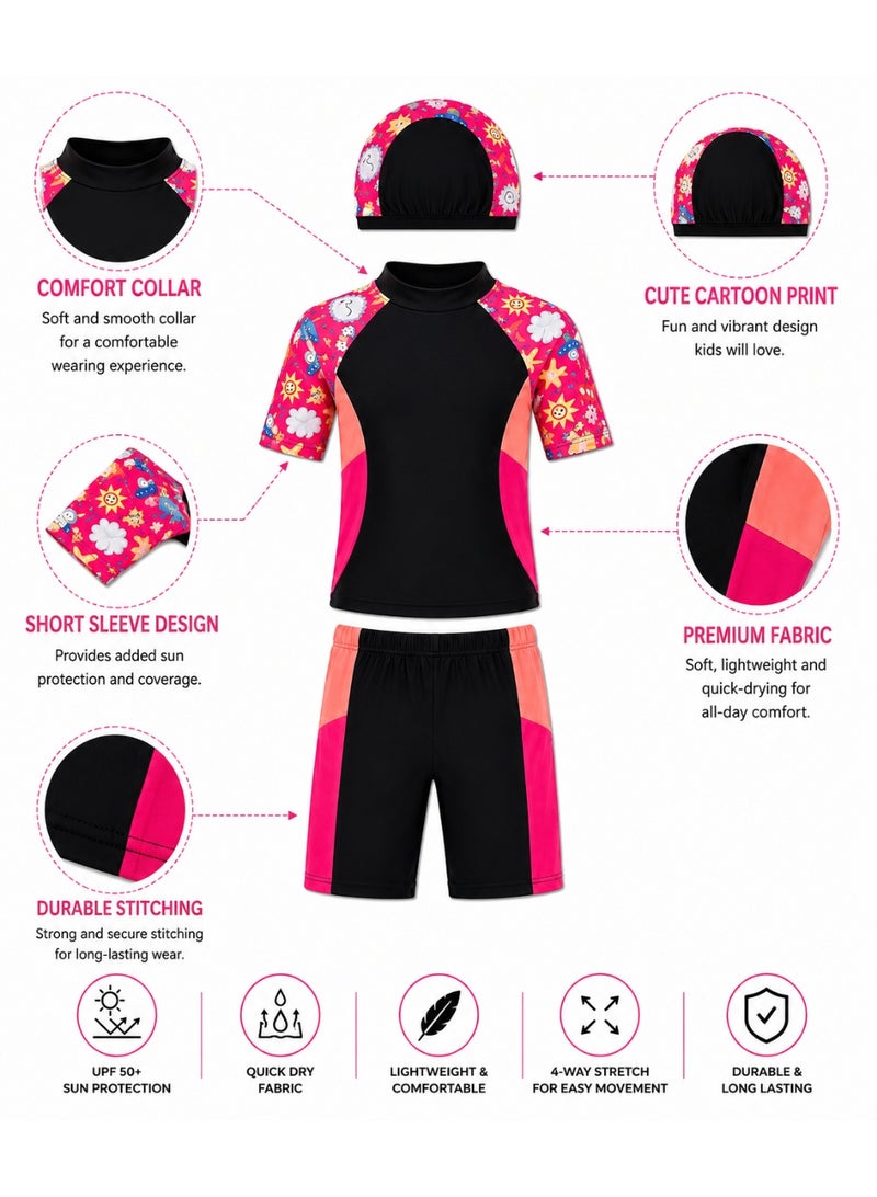 Featherland Kids 3-Piece Knee-Length Swimsuit Set with Short Sleeve Rash Guard, Matching Swim Shorts & Cap, Cartoon Print Quick-Dry Stretch Swimwear for Girls, Swimming, Pool, Beach & Water Activities - Image 2