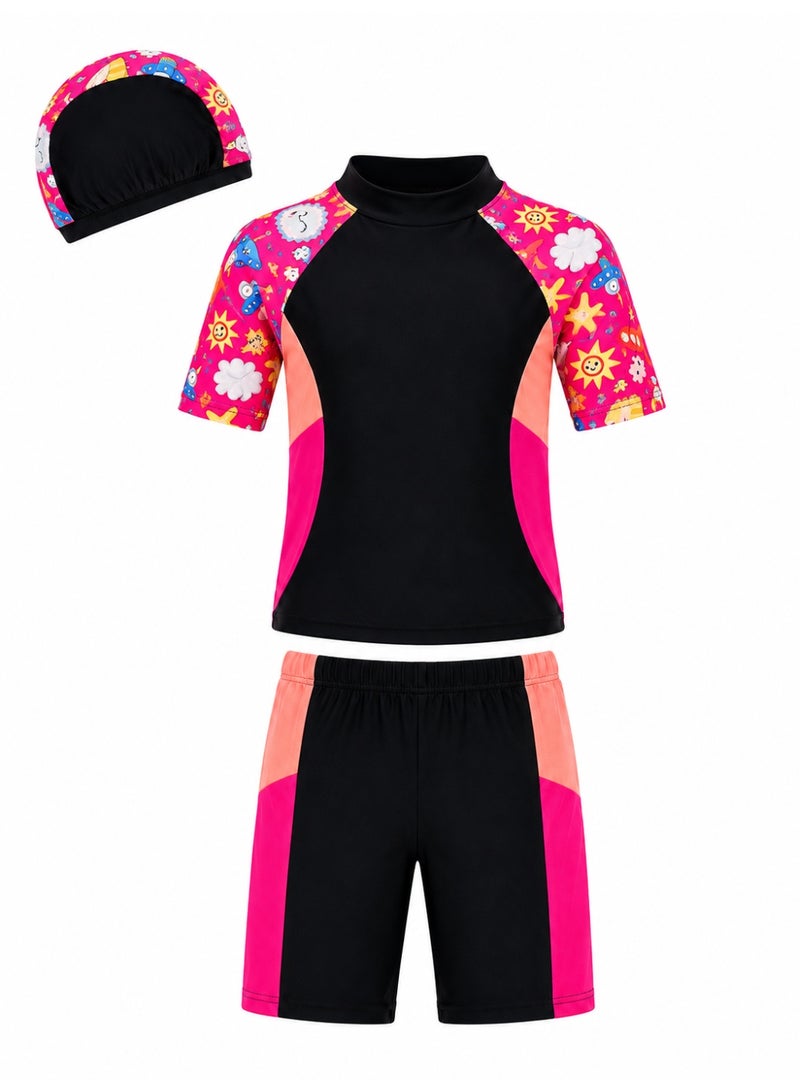 Featherland Kids 3-Piece Knee-Length Swimsuit Set with Short Sleeve Rash Guard, Matching Swim Shorts & Cap, Cartoon Print Quick-Dry Stretch Swimwear for Girls, Swimming, Pool, Beach & Water Activities - Image 1
