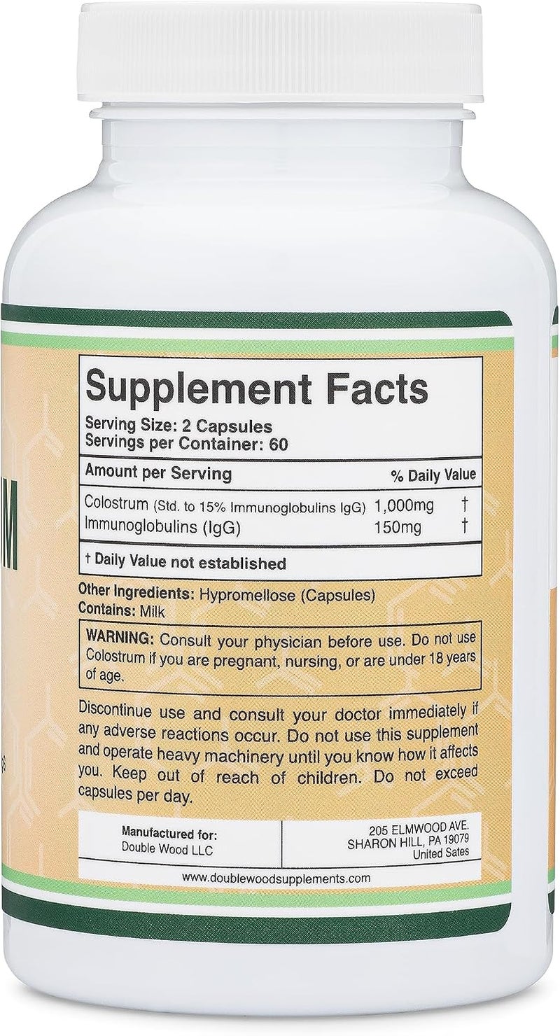 Double Wood Supplements Colostrum Supplement 120 Capsules, 1,000mg per Serving (Bovine Colostrum Powder from First Milking Only, Std. to Contain 15% IgG Immunoglobulins) No Fillers, Third Party Tested by Double Wood - Image 3