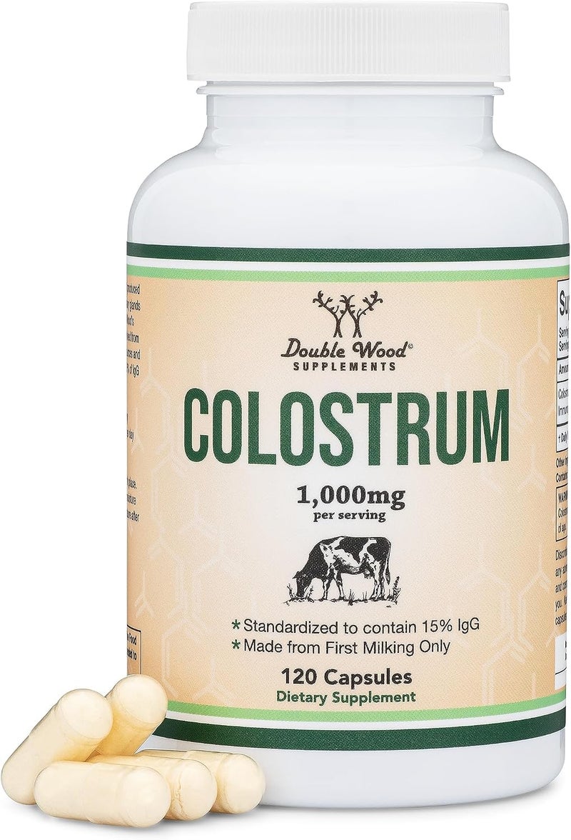 Double Wood Supplements Colostrum Supplement 120 Capsules, 1,000mg per Serving (Bovine Colostrum Powder from First Milking Only, Std. to Contain 15% IgG Immunoglobulins) No Fillers, Third Party Tested by Double Wood - Image 1