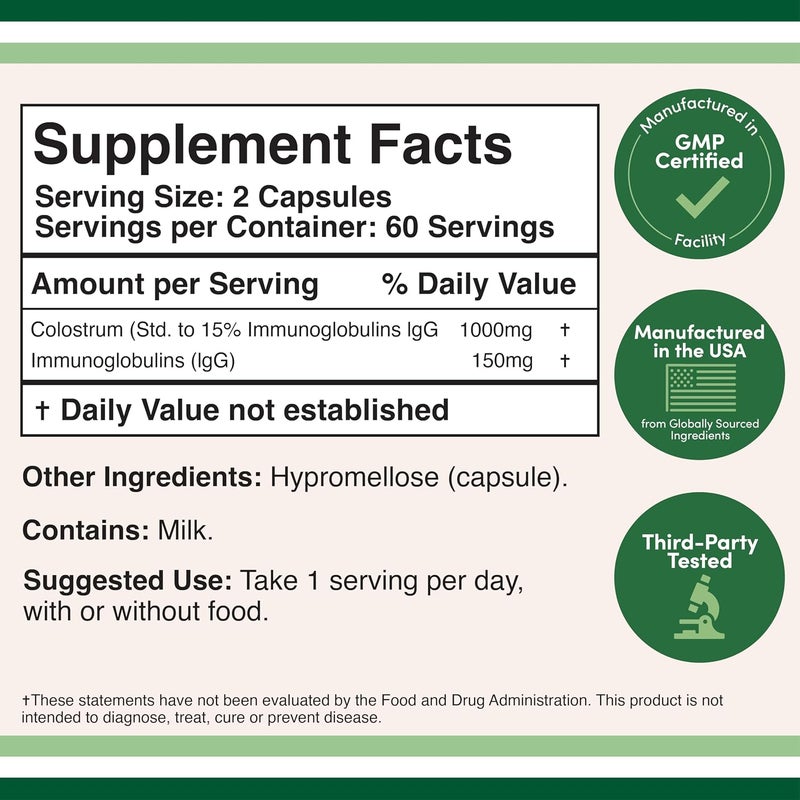 Double Wood Supplements Colostrum Supplement 120 Capsules, 1,000mg per Serving (Bovine Colostrum Powder from First Milking Only, Std. to Contain 15% IgG Immunoglobulins) No Fillers, Third Party Tested by Double Wood - Image 2