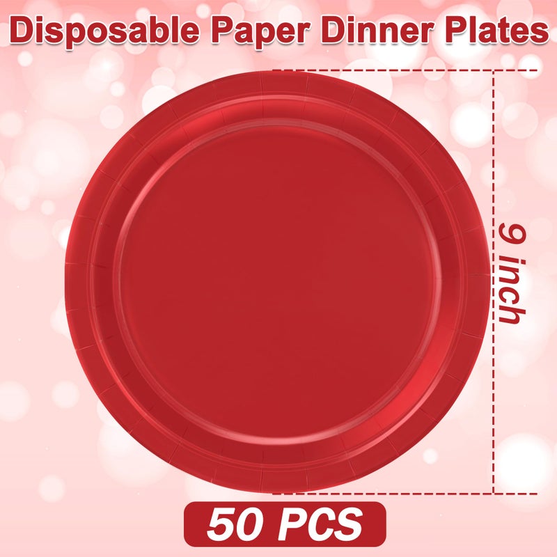 QZYL 50 PCS Paper Plates  Red Heavy Duty Party Plates  Round 9 Inches Disposable Paper Dinner Plates  Everyday Use Paper Plates Set for Daily Meals Wedding Christmas Picnic Supplies - Image 2
