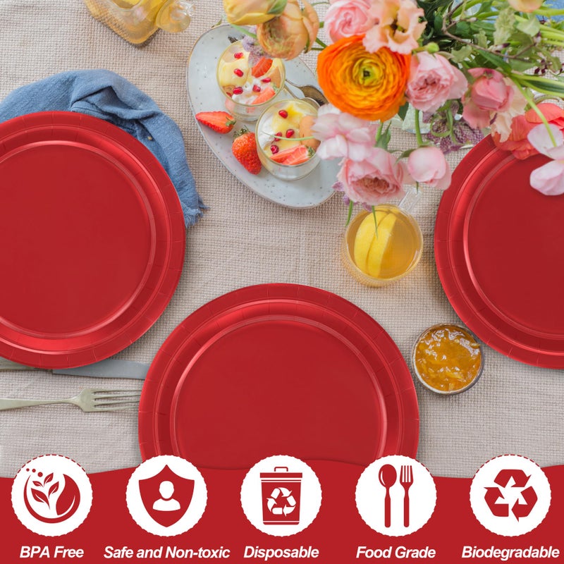 QZYL 50 PCS Paper Plates  Red Heavy Duty Party Plates  Round 9 Inches Disposable Paper Dinner Plates  Everyday Use Paper Plates Set for Daily Meals Wedding Christmas Picnic Supplies - Image 3