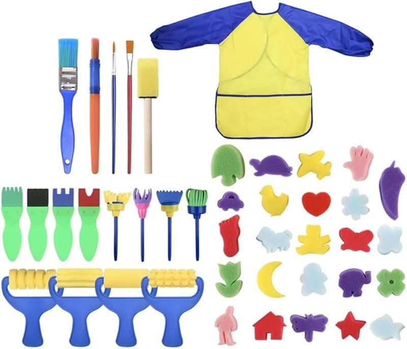 Kids Art Paint Set, 42 Pieces, Sponge Brushes and Pattern Brushes with Waterproof Long Sleeve Apron