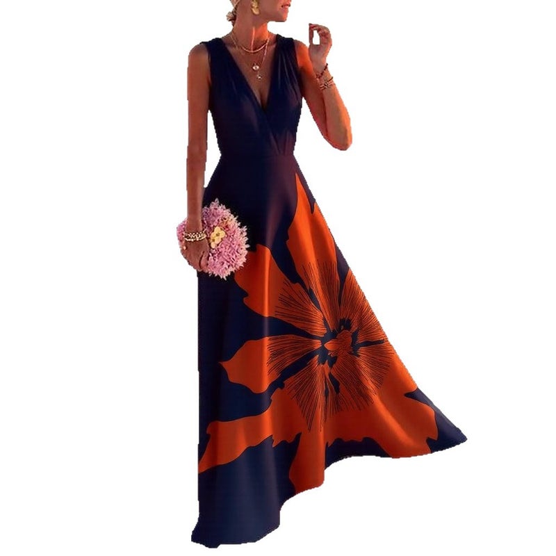 Women's Printed V-Neck Sleeveless Maxi Dress Summer Vacation Long Dress - Image 2