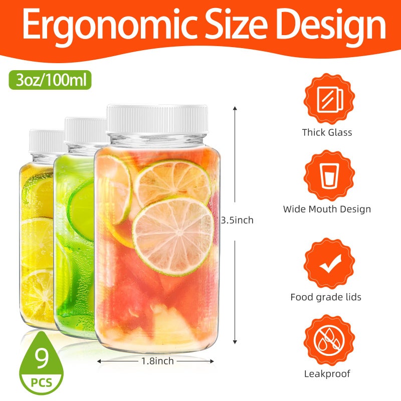 DODHEG 3 Ounce 9 Pcs Glass Juice Bottle Bulk Beverage Containers Glass Drink Containers for Milk Juice Drinks Bottle White Lid - Image 2