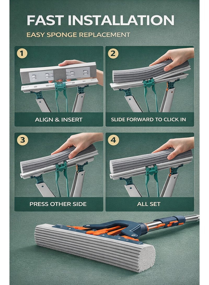 ARNOTEC Hands-Free Flat Mop with Self-Wringing System, 28cm Sponge Head, 110cm Fixed Handle, Easy Click-In Replacement for Floors, Walls & Windows - Image 4