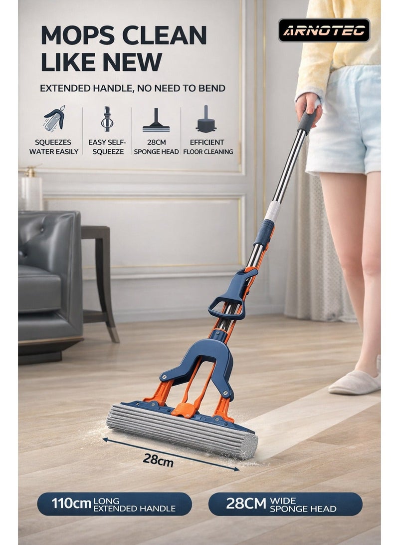 ARNOTEC Hands-Free Flat Mop with Self-Wringing System, 28cm Sponge Head, 110cm Fixed Handle, Easy Click-In Replacement for Floors, Walls & Windows - Image 1