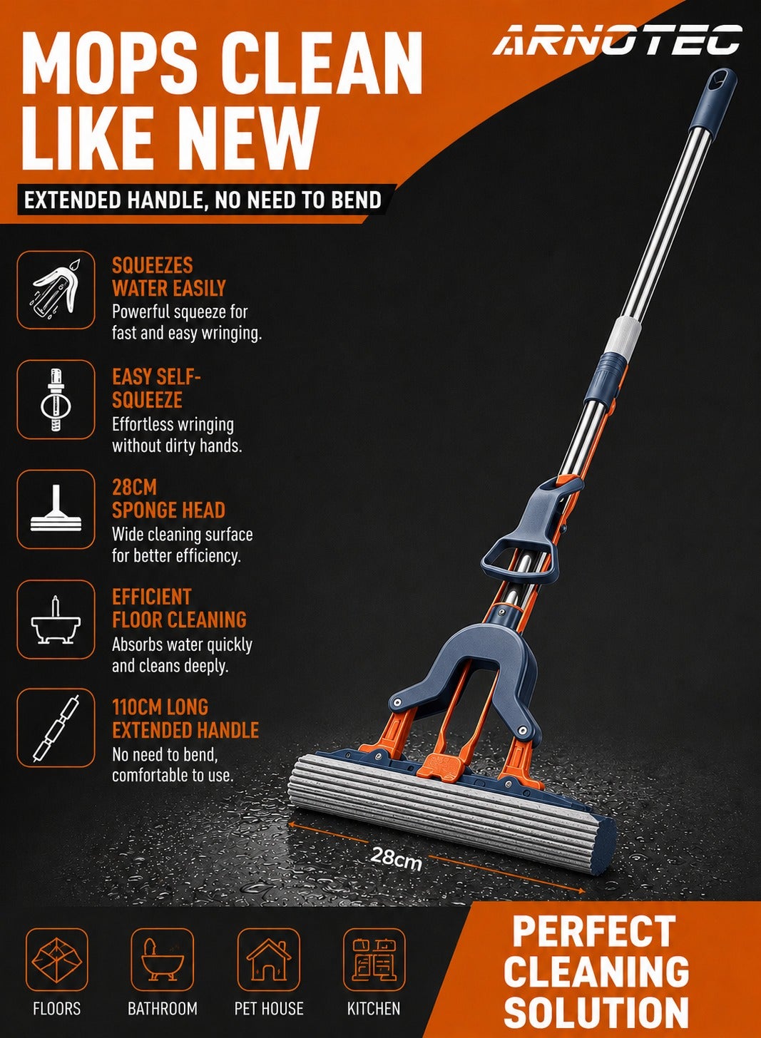 Hands-Free Flat Mop with Self-Wringing System, 28cm Sponge Head, 110cm Fixed Handle, Easy Click-In Replacement for Floors, Walls & Windows