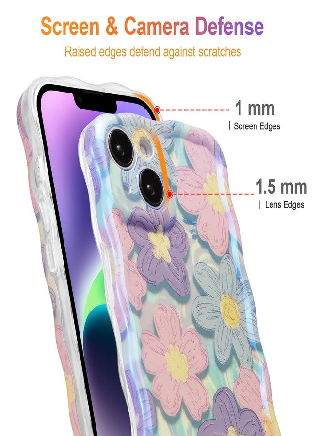EYZUTAK Case for iPhone 15, Colorful Retro Oil Painting Flower Laser Glossy Design Cute Curly Waves Edge Exquisite Phone Cover Stylish Durable TPU Protective Case for Girls Women - Pink Purple - Image 4