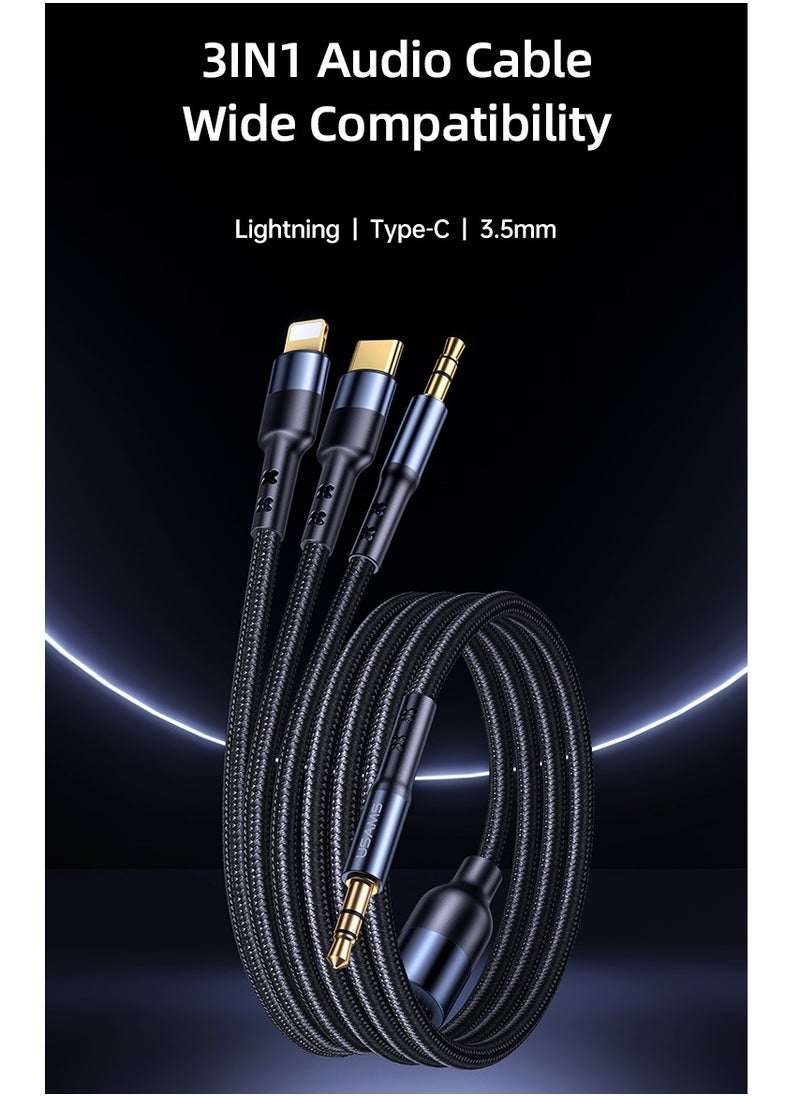 US-SJ556 3 In 1 3.5mm+Type-C+Lightning to 3.5mm Audio Adapter Cable For Multiple devices  1.2m