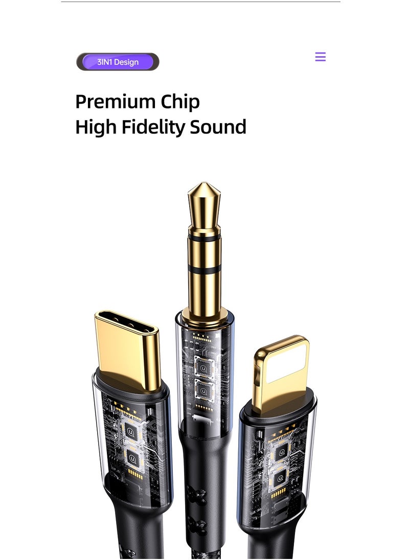 Usams US-SJ556 3 In 1 3.5mm+Type-C+Lightning to 3.5mm Audio Adapter Cable For Multiple devices  1.2m  - Image 2