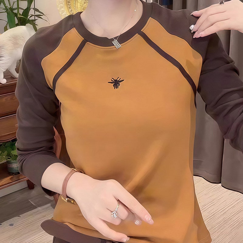 Pure cotton contrasting color long-sleeved base shirt T-shirt for women's 2026 spring and autumn new style fat mm loose slimming inner wear - Image 2