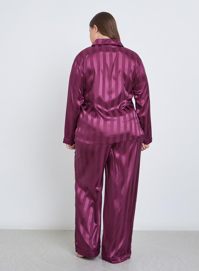 Styli Plus Satin Jacquard Striped Shirt and Pyjama Set - Image 4