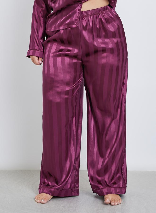 Styli Plus Satin Jacquard Striped Shirt and Pyjama Set - Image 5