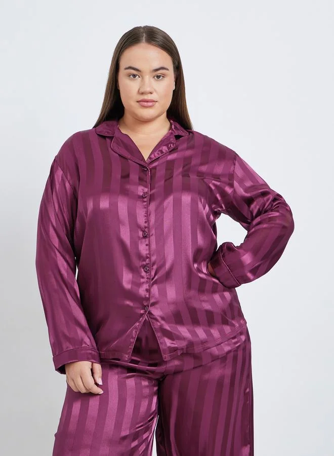 Styli Styli Plus Satin Jacquard Striped Shirt and Pyjama Set