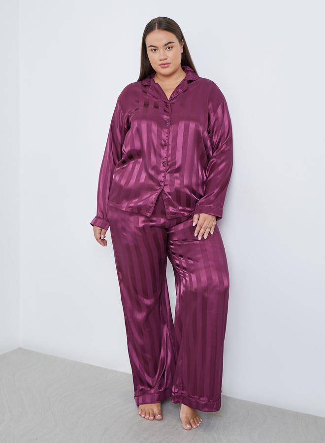 Styli Plus Satin Jacquard Striped Shirt and Pyjama Set - Image 1